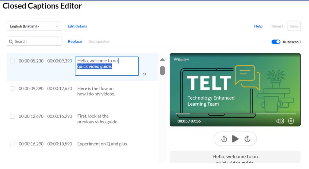 The closed caption editor in QMplus media with one  line of the captions highlighted and ready to edit.